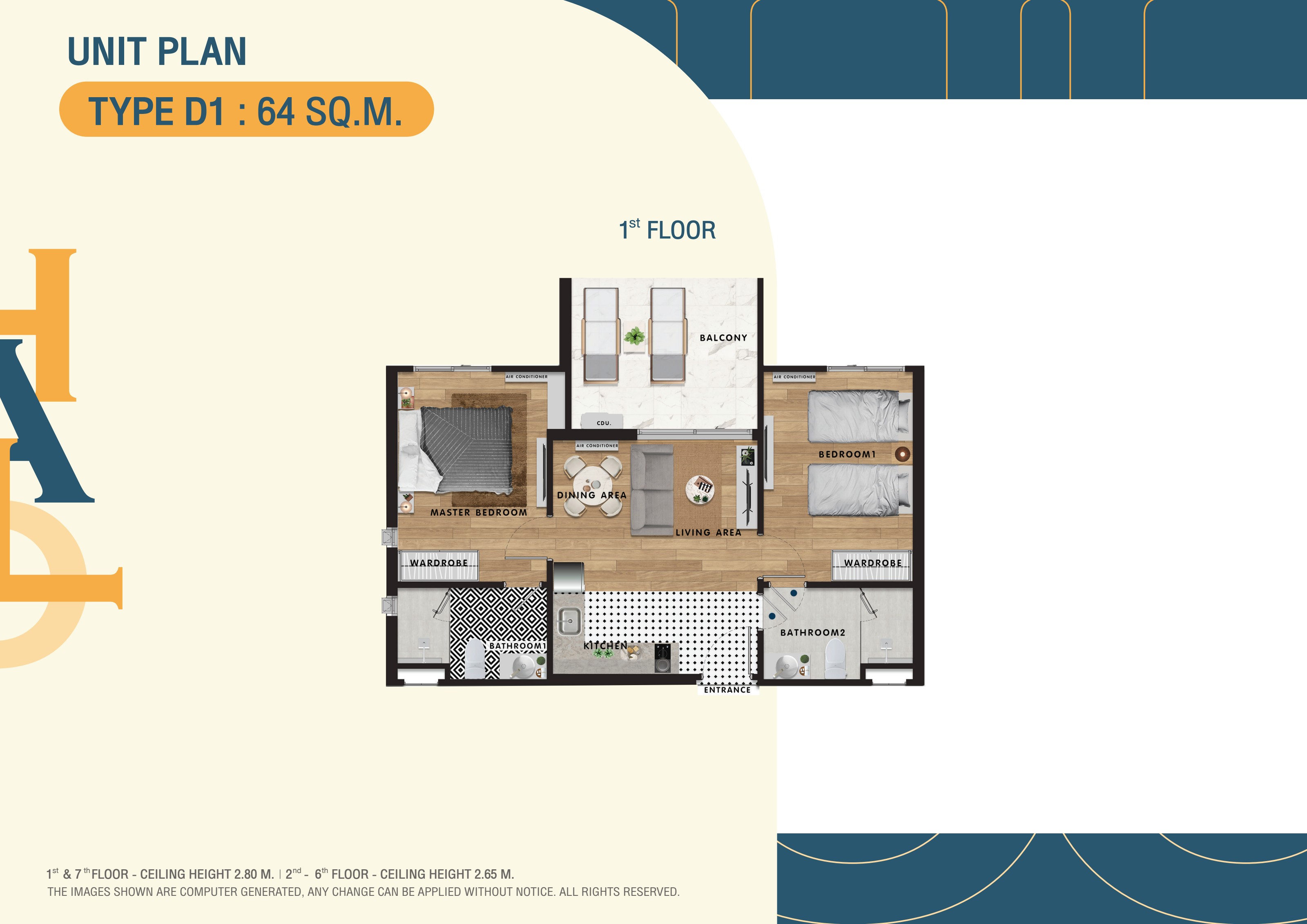 Unit Type D1 floor plan — 2 Bedroom · 64 sq.m.