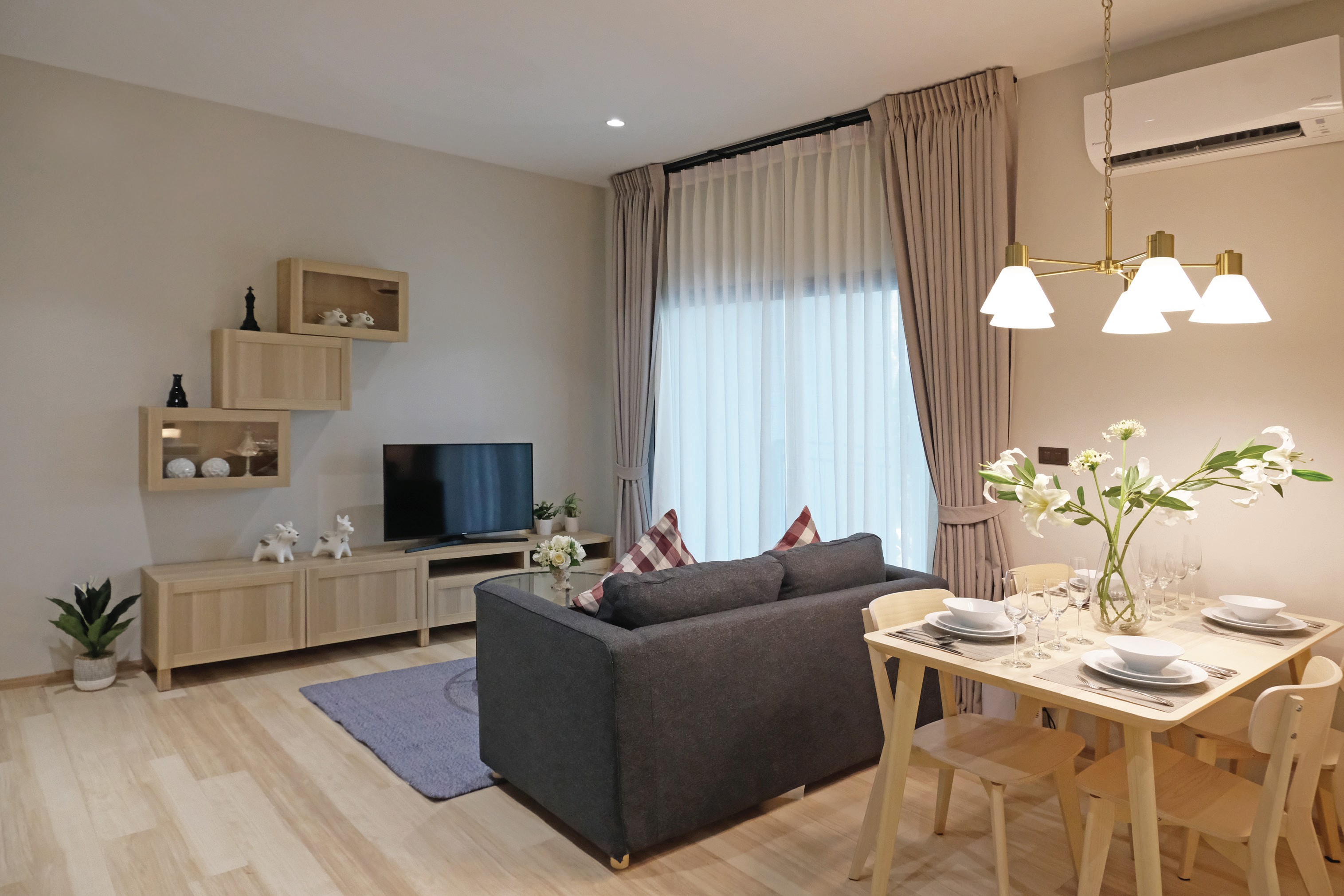 Living room with sofa and dining table in a 46 sq.m. residence