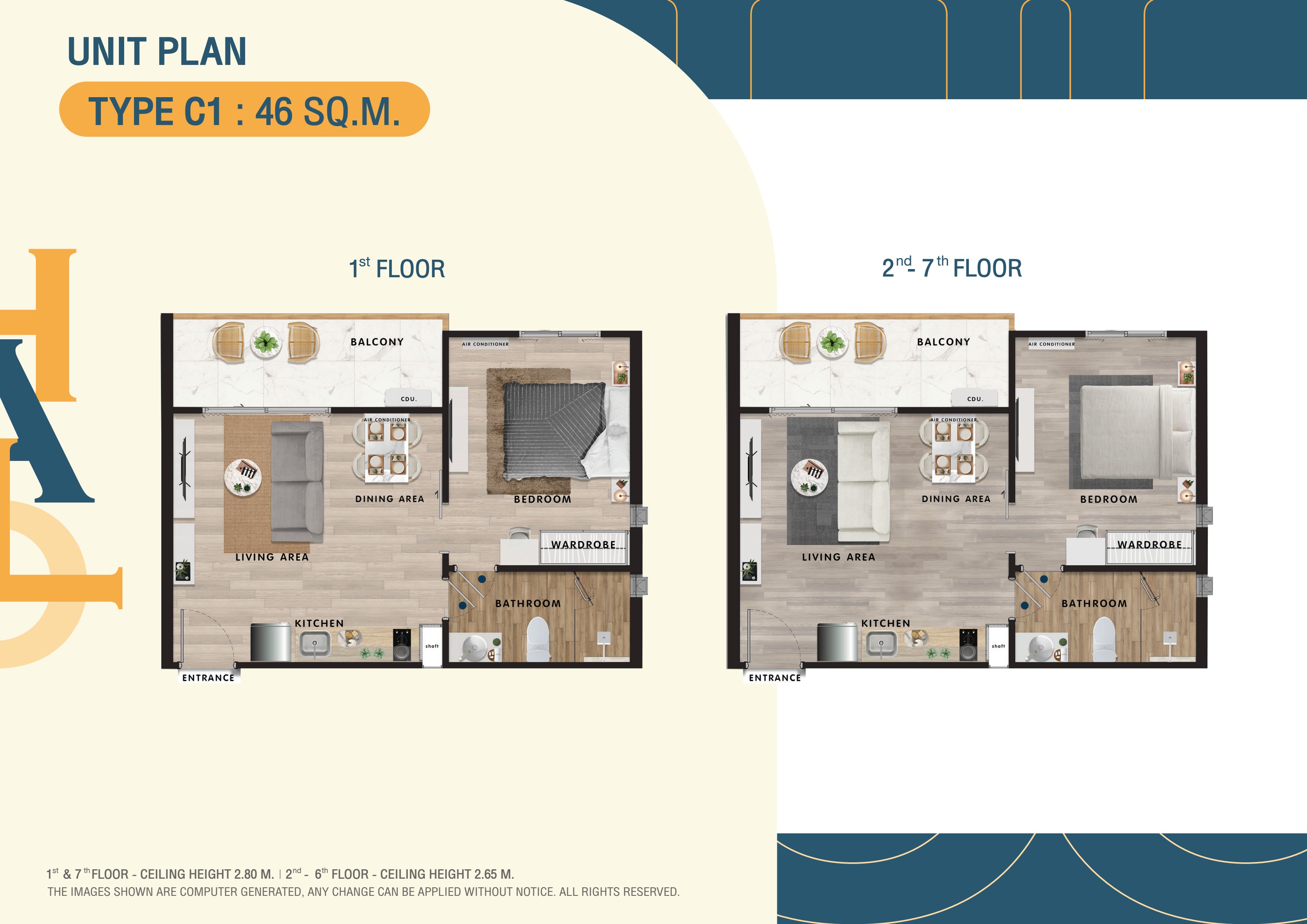 Unit Type C1 floor plan — 1 Bedroom · 46 sq.m.