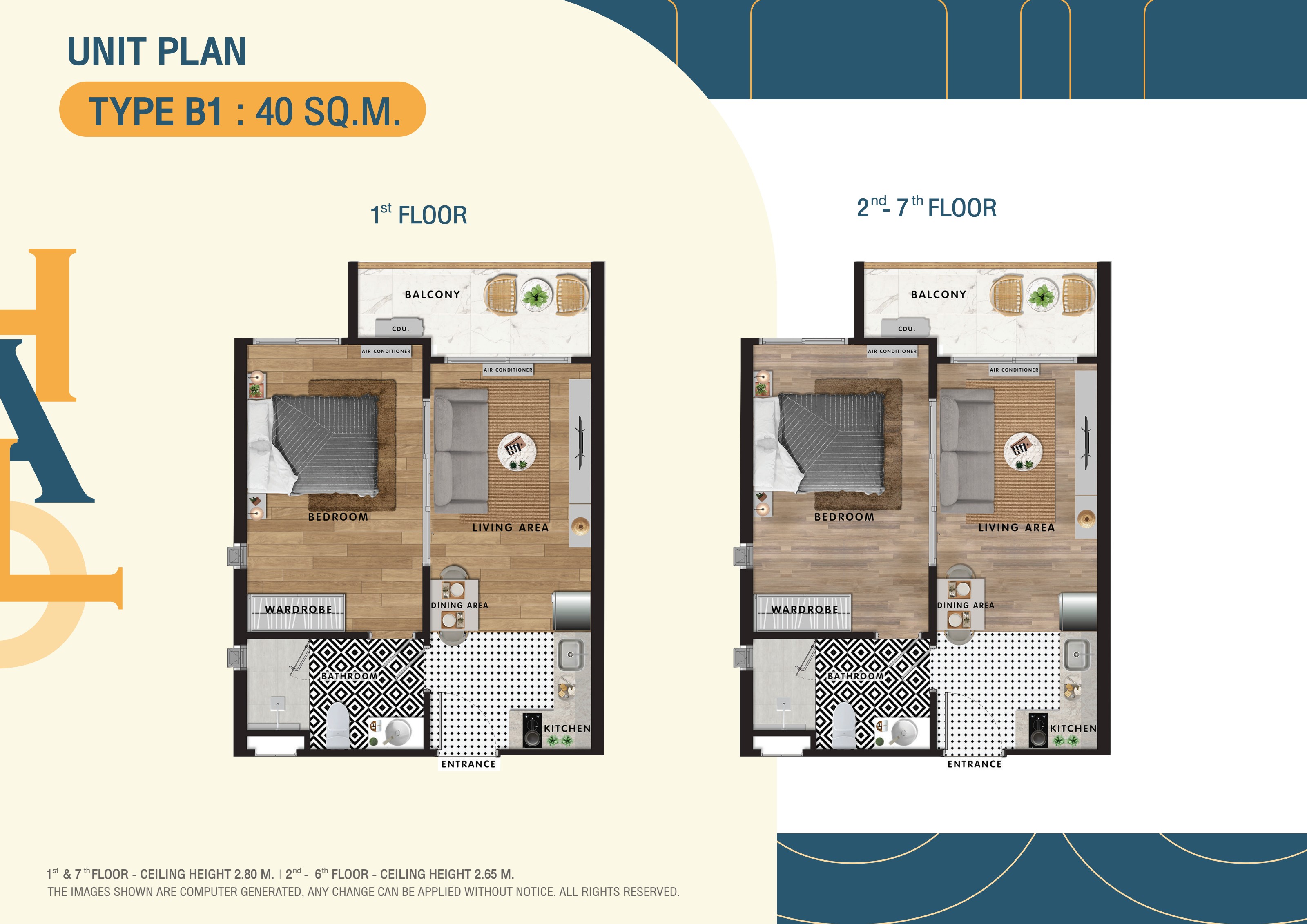 Unit Type B1 floor plan — 1 Bedroom · 40 sq.m.