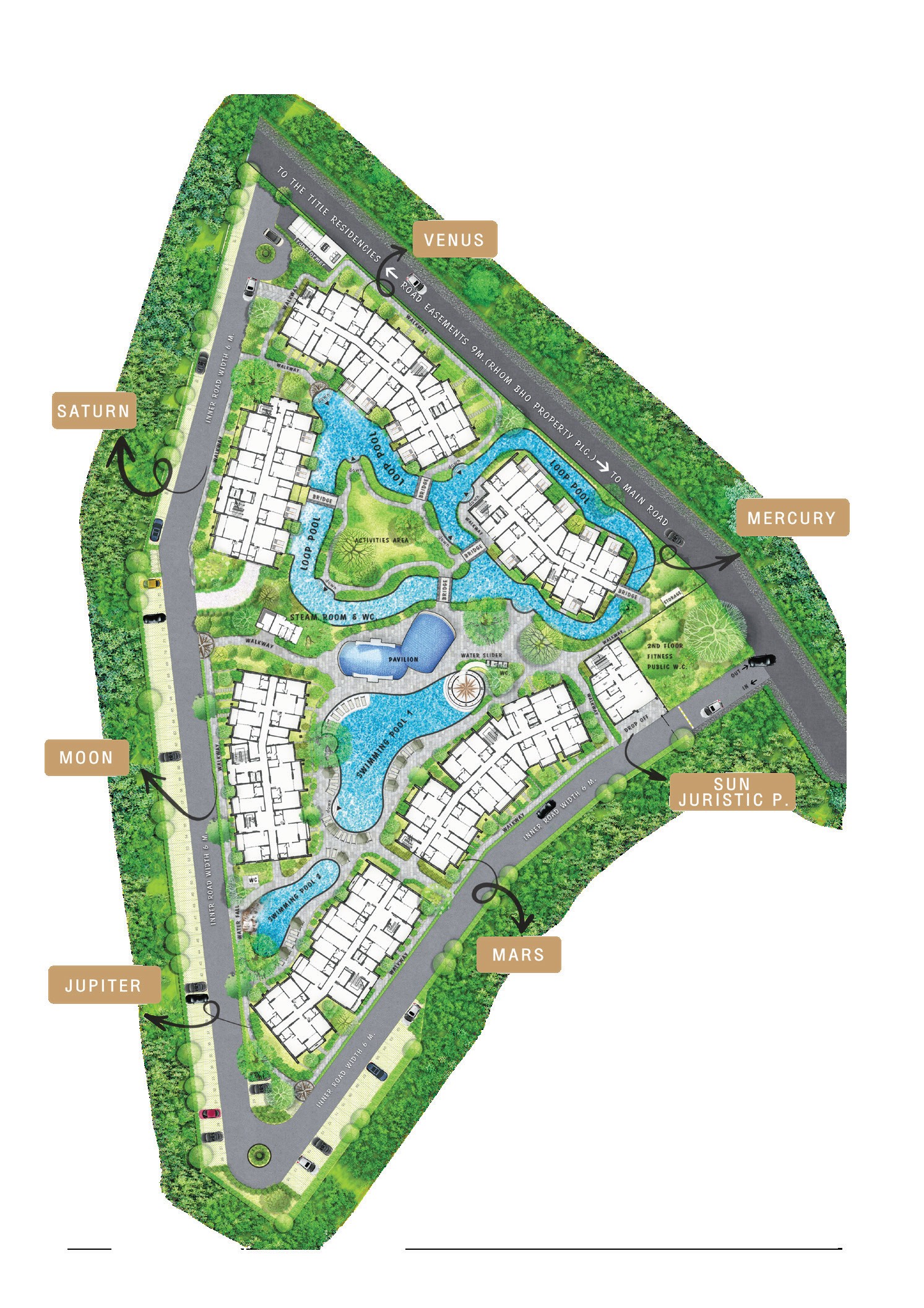 Master plan showing the six buildings, loop pool, swimming pools and pavilion