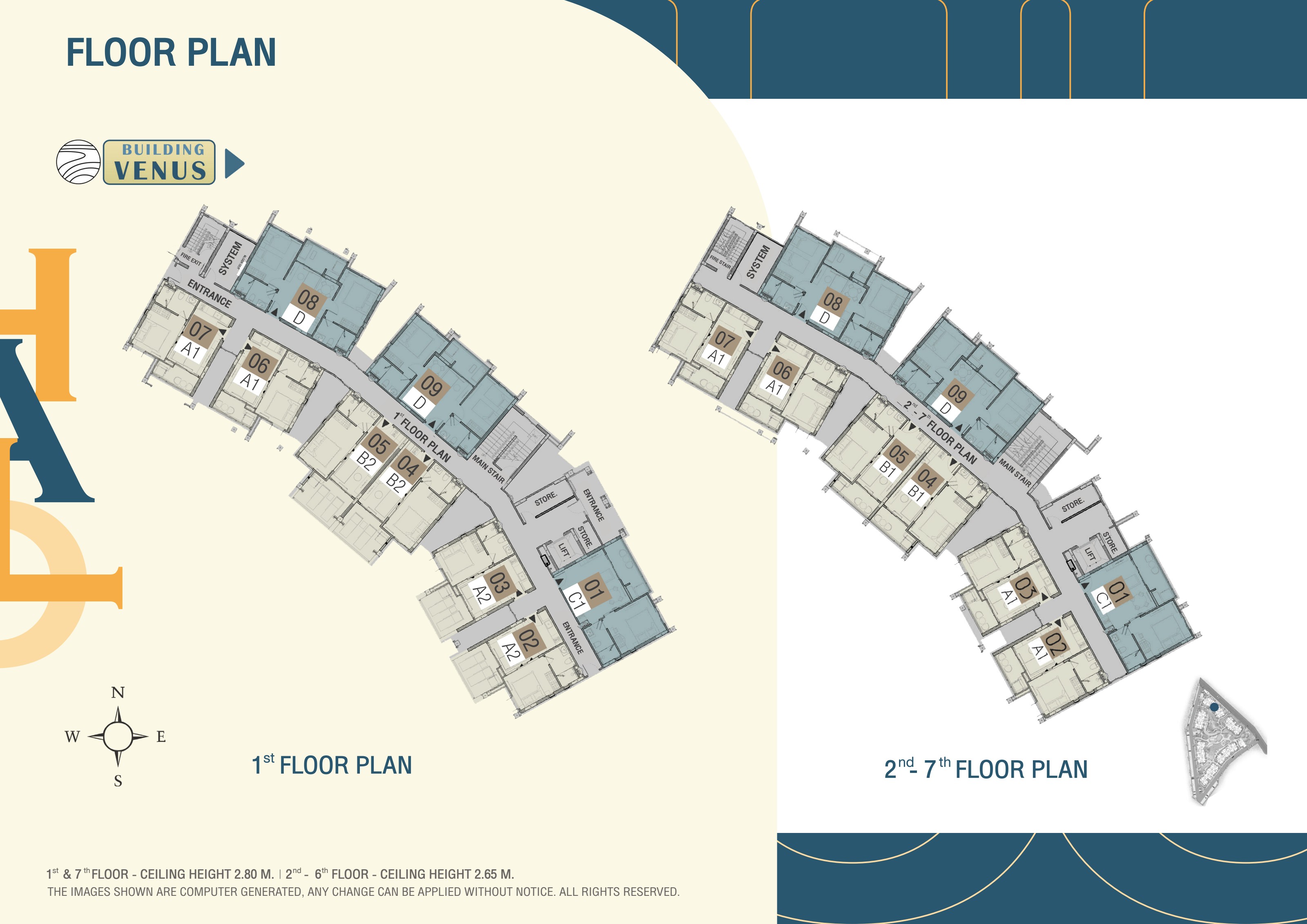 Building Venus floor plan — 1st floor & 2nd–7th floor plans