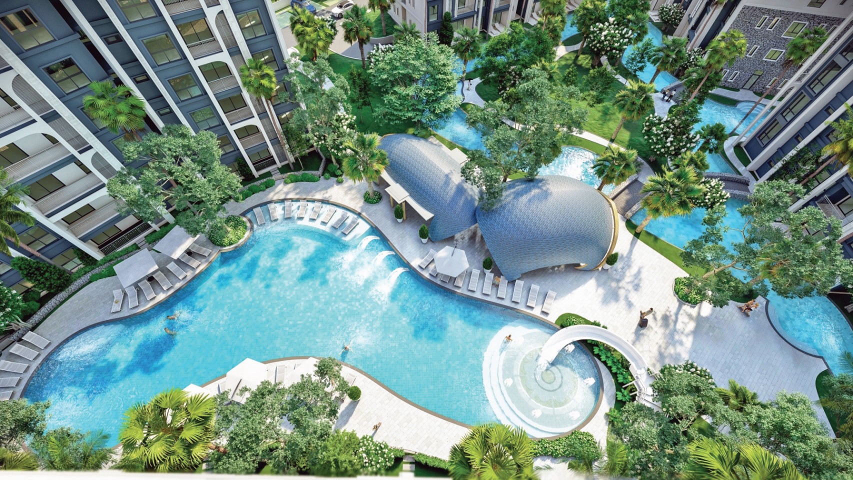 Aerial view of the loop pool and residences at The Title Halo 1, Naiyang Beach, Phuket