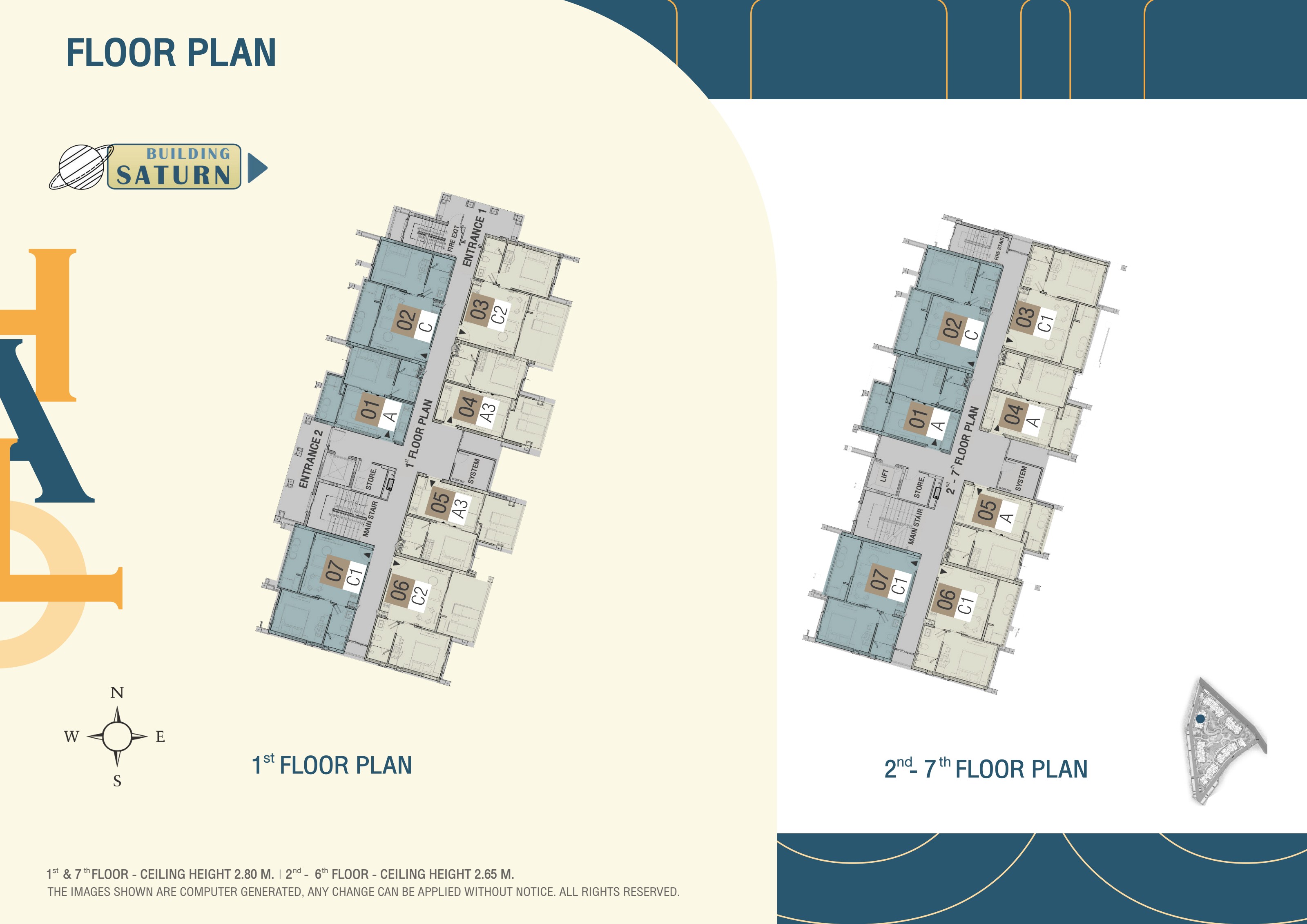 Building Saturn floor plan — 1st floor & 2nd–7th floor plans