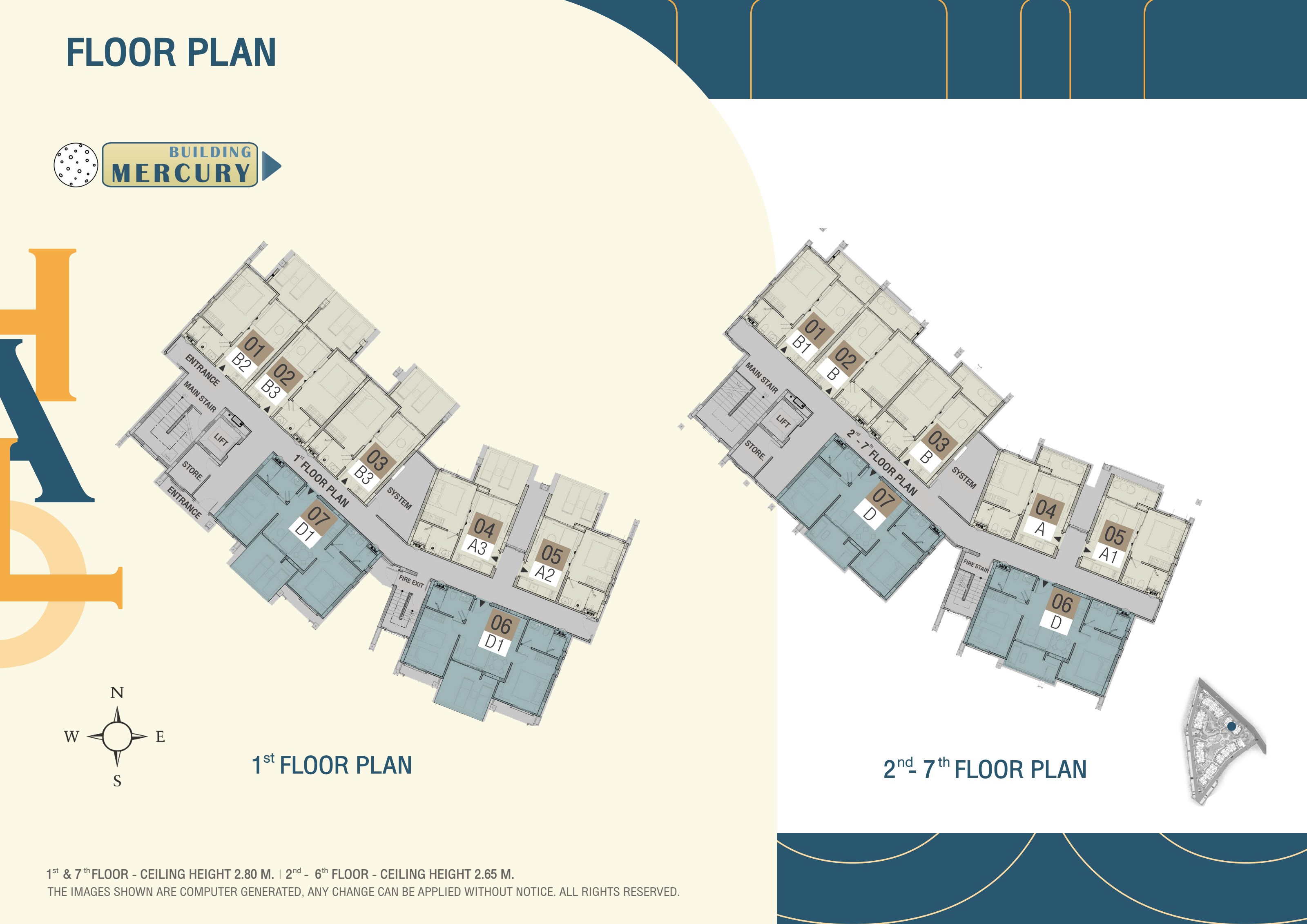 Building Mercury floor plan — 1st floor & 2nd–7th floor plans