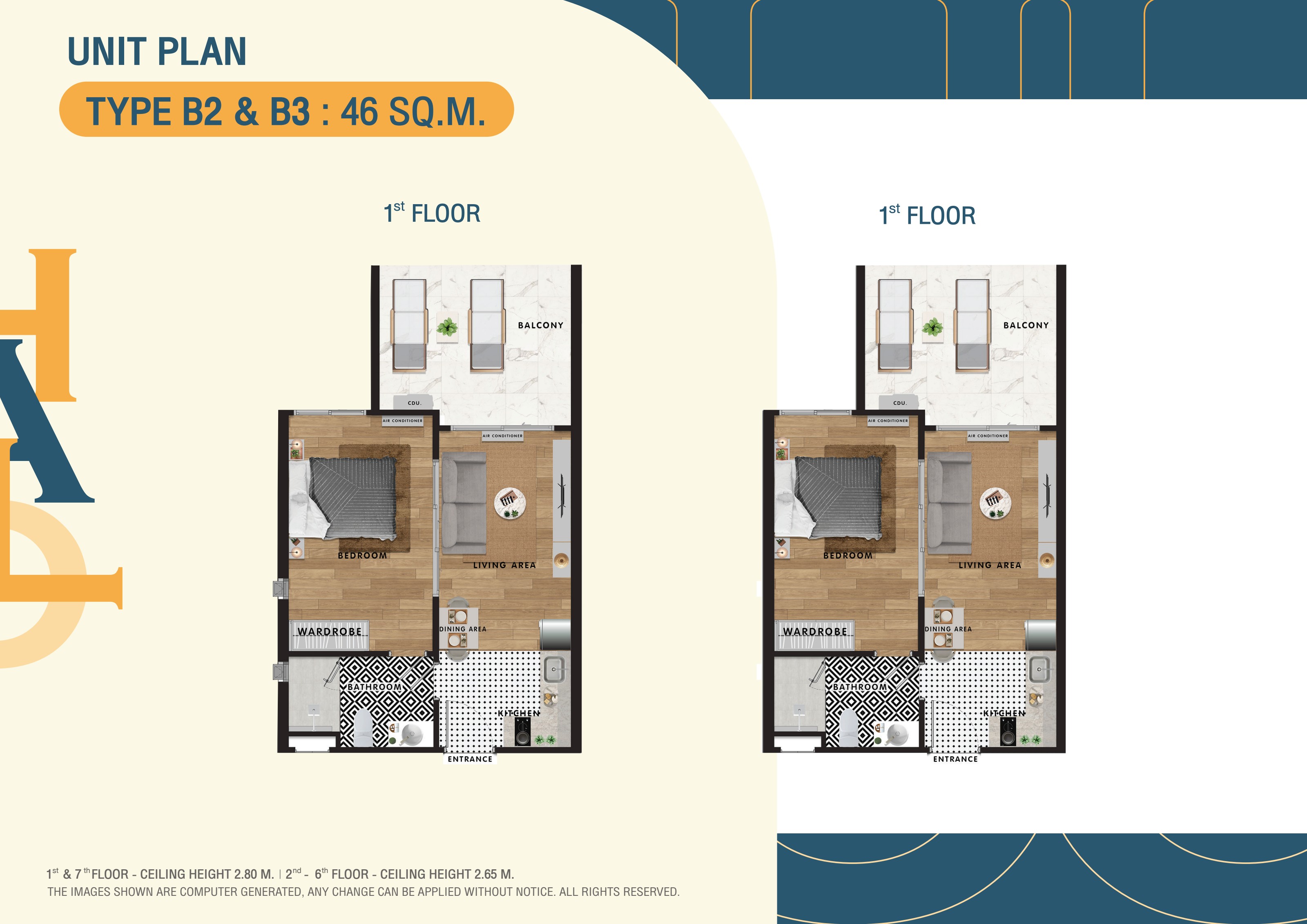 Unit Type B2 & B3 floor plan — 1 Bedroom · 46 sq.m.
