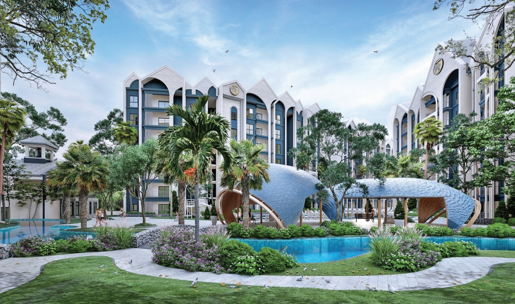 Relaxation area with swimming pool, landscaped gardens and curved blue pavilions
